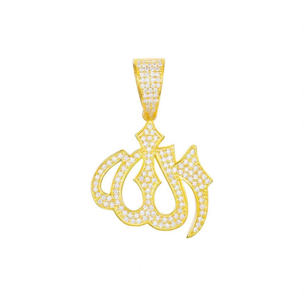 Gold on Silver Allah Pendant Cubic Zirconia Hallmarked Womens Jewellery Gift