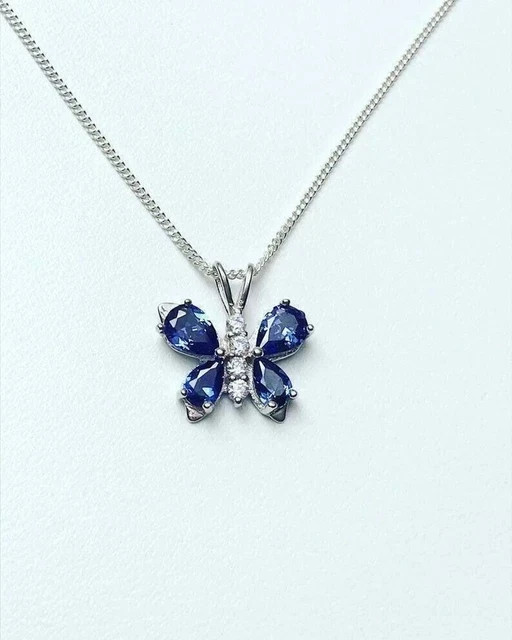 Pear Cut Lab Created Blue Sapphire Women Butterfly Pendant 14k White Gold Plated
