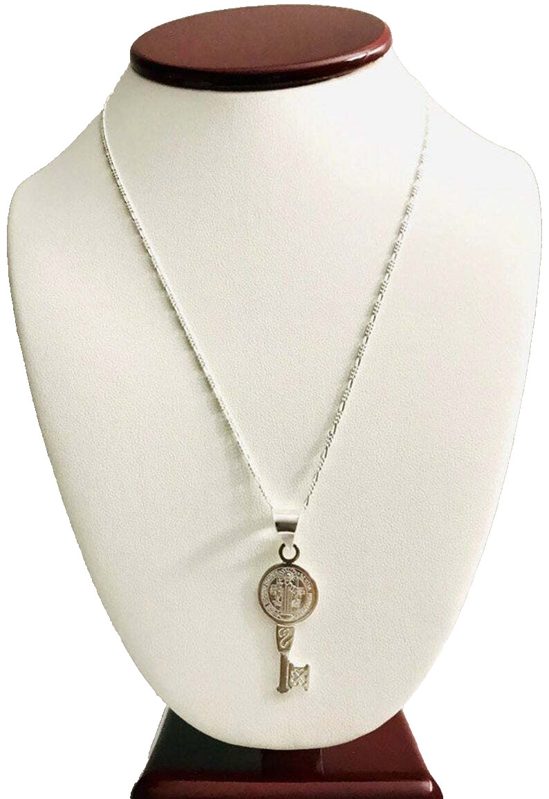 925 Silver Saint Benedict Key Pendant Necklace 20″ Figaro-45mm San Benito- P63-1