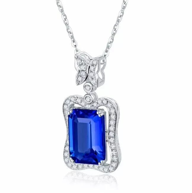 3Ct Emerald Blue Sapphire Solitaire Halo Pendant Free Chain 14K White Gold FN