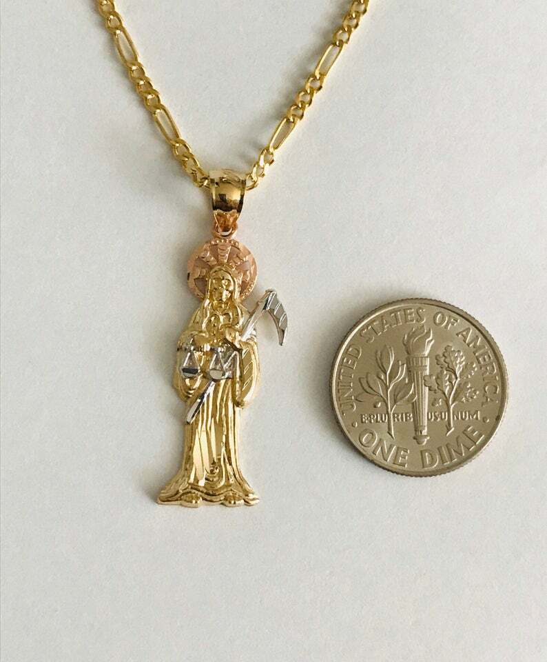 14K SOLID GOLD GRIM REAPER 20″ NECKLACE, 14K SOLID GOLD 34mm SANTA MUERTE – PT97