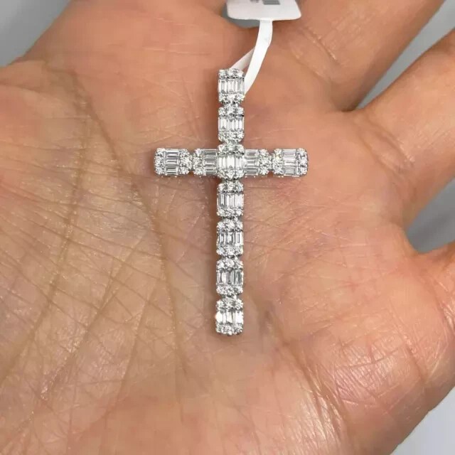 2Ct Baguette Simulated Diamond Men’s Cross Pendant 14K White Gold Plated Silver