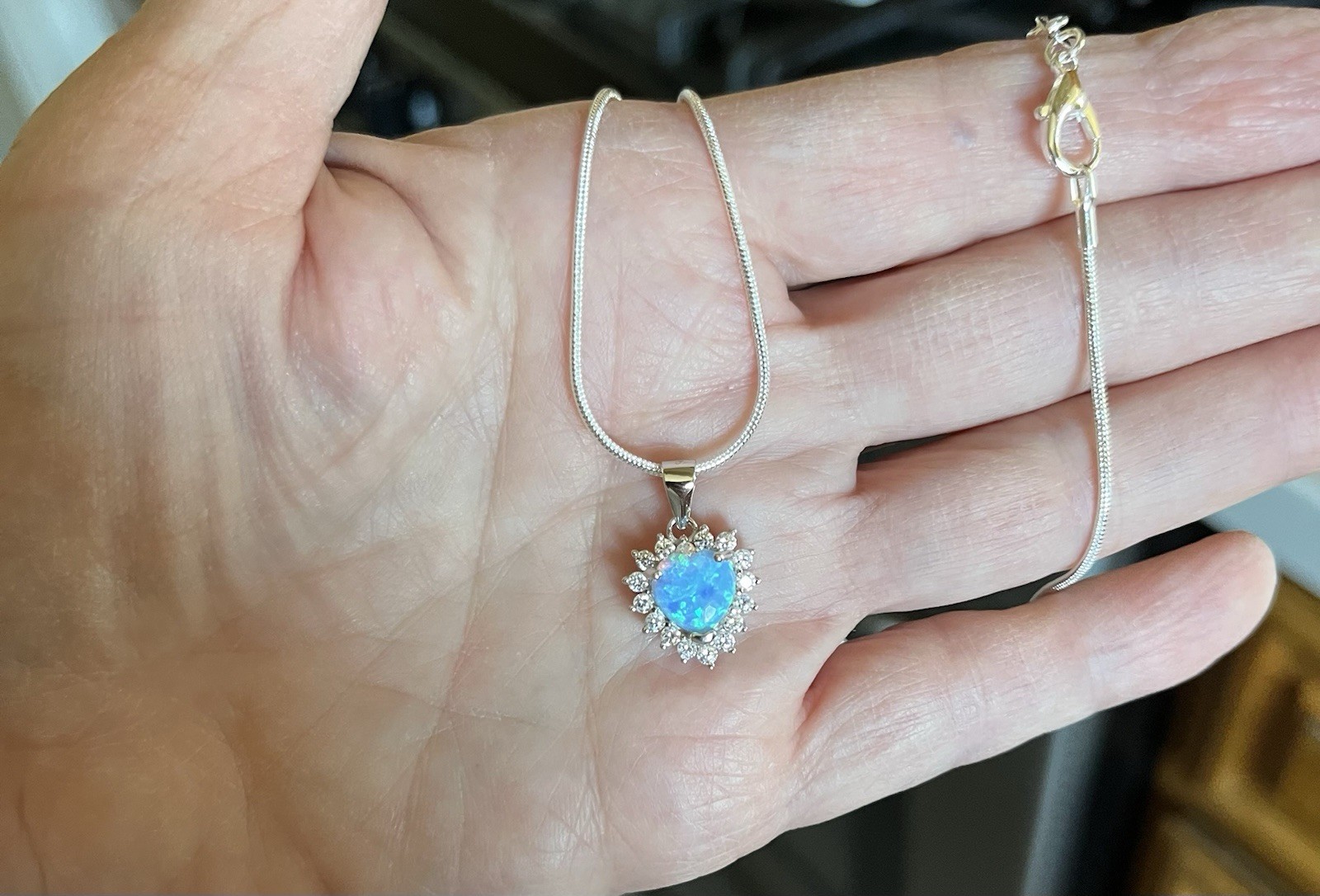 Sterling Silver Blue Lab Opal Heart Pendant Necklace 18in. Pendant Height:13 mm