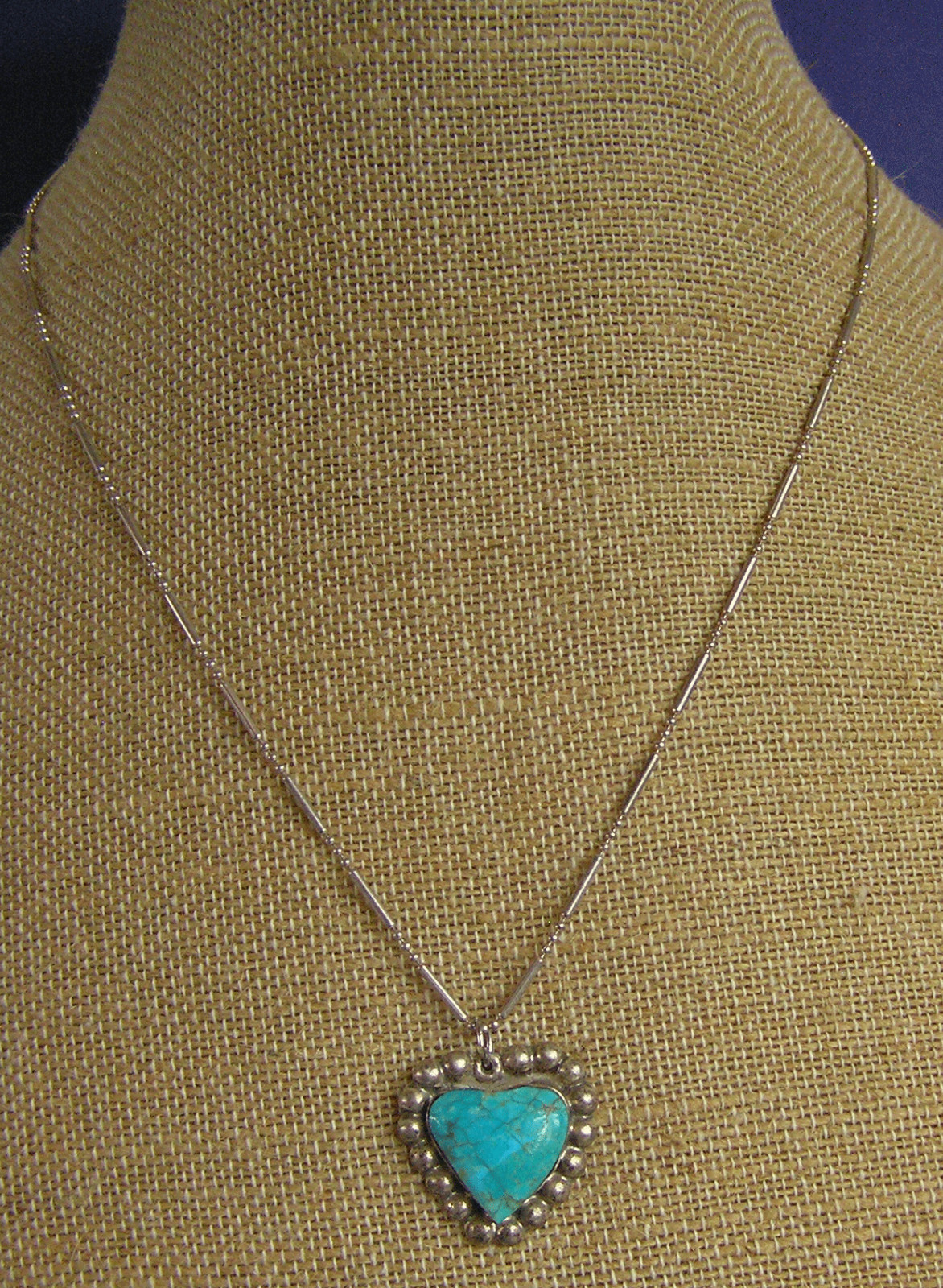 Sterling Silver THAILAND 925 Turquoise Heart Pendant Bar Bead Chain Necklace (Tc