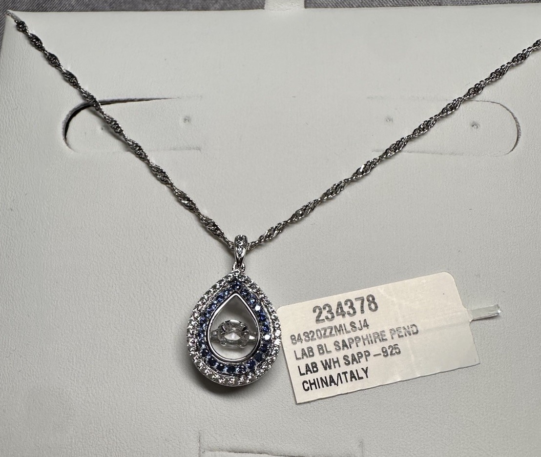 New lab-created Blue and White Sapphire Pendant Dancing Stone Sterling Silver