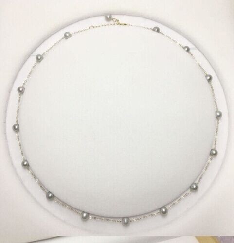 18″ mini AAAA+ real natural 5-6mm gray Akoya round pearl necklace 14k gold