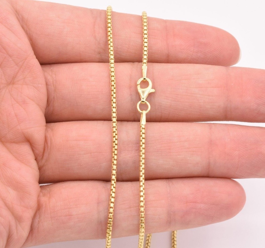 1.7mm Round Box Chain Necklace Real 14K Yellow Gold Plated Sterling Silver 925