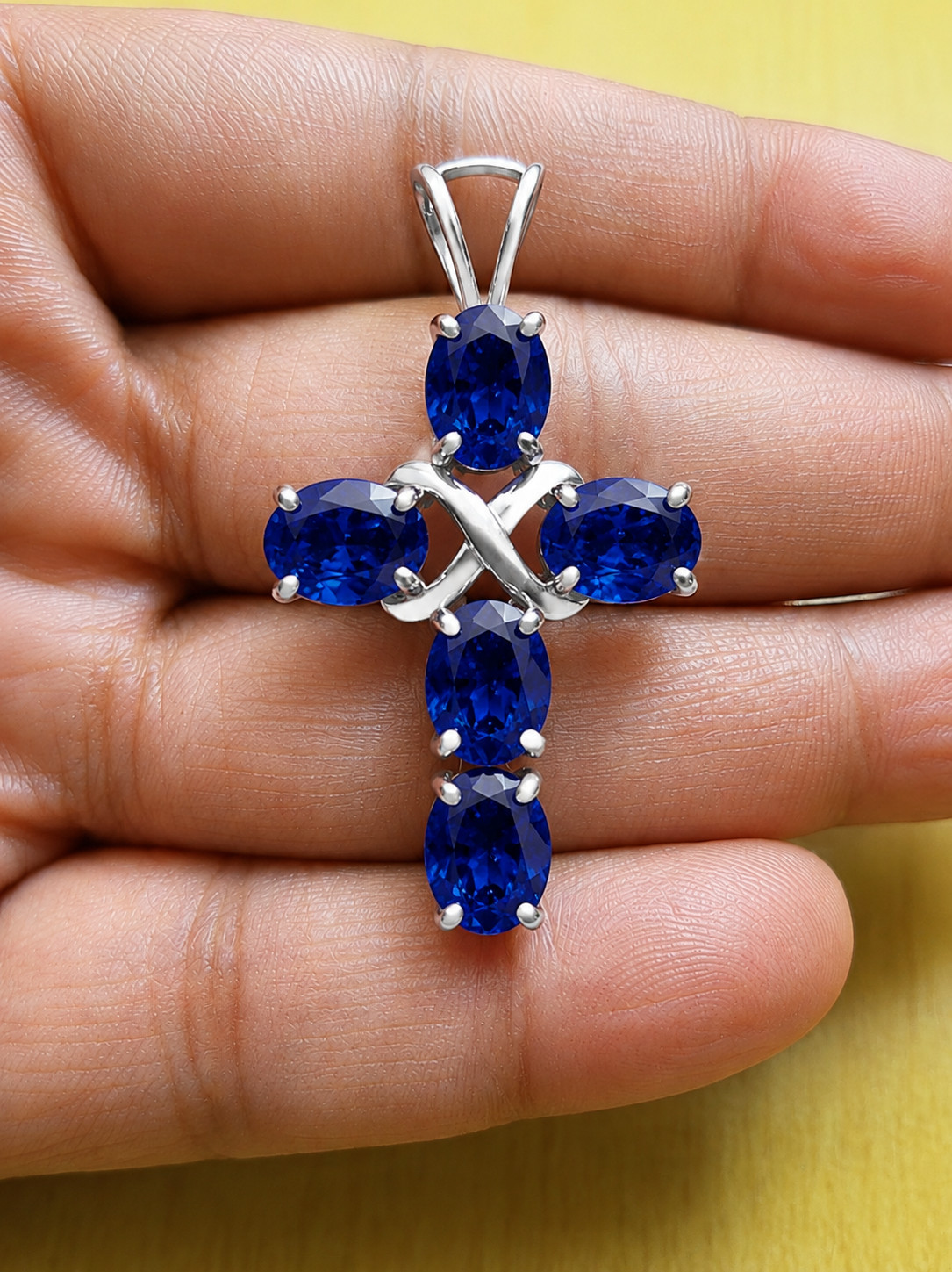 10 Carat Oval Blue Sapphire Cross Necklace 14K White Gold Plated