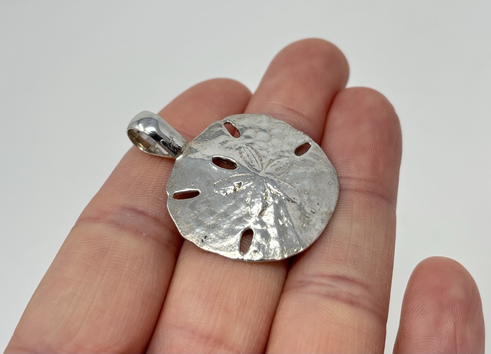 Large Sterling Silver Sand Dollar Shell Necklace Pendant Nautical Beach Theme