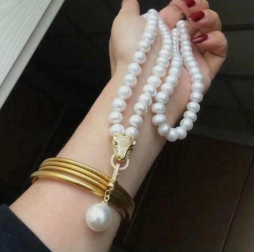 Natural 8-9 mm Real White Natural south sea Pearl Long Necklace 30″ 925s