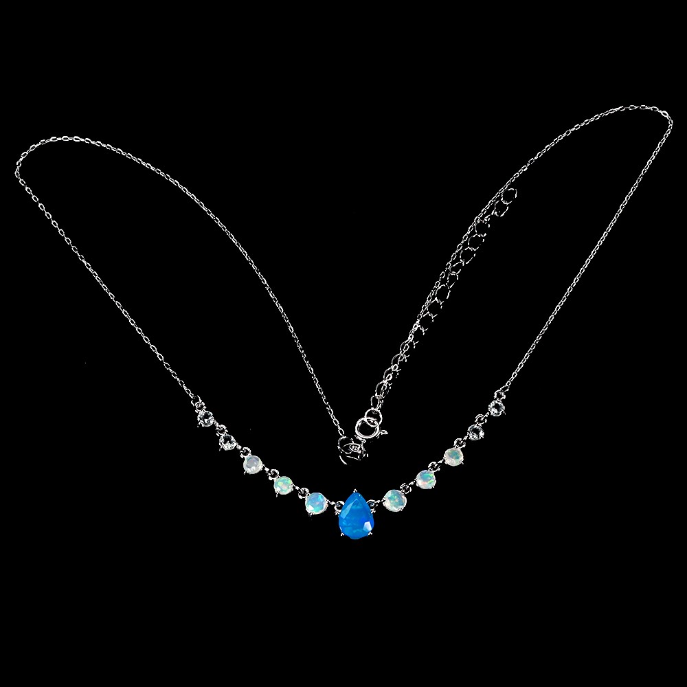 925 Sterling Silver Necklace Pear Blue Opal 8x6mm Fire Opal Gemstone Jewelry 15