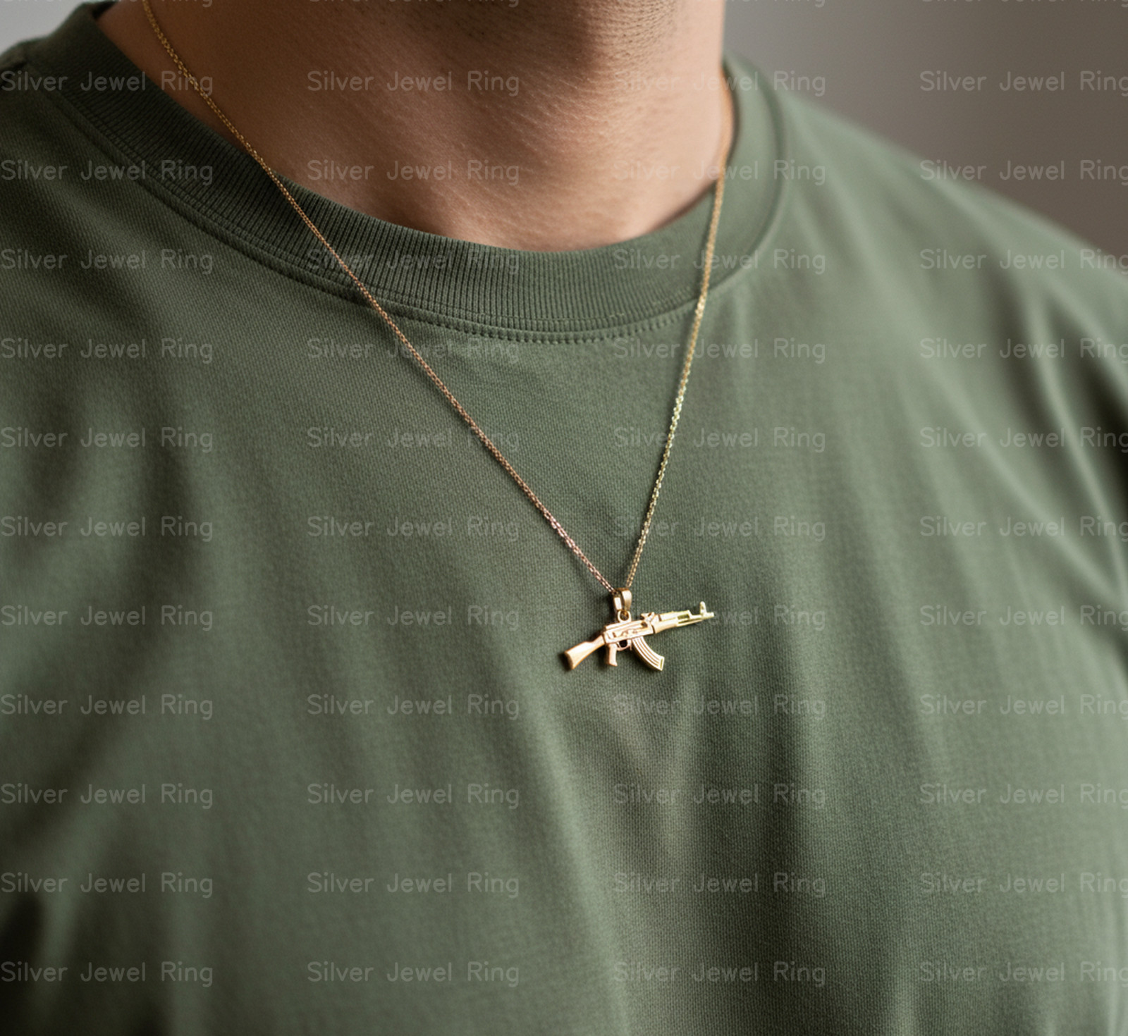 Silver Jewel Ring 925 Sterling Silver AK Style Rifle Pendant Necklace Men ‘s