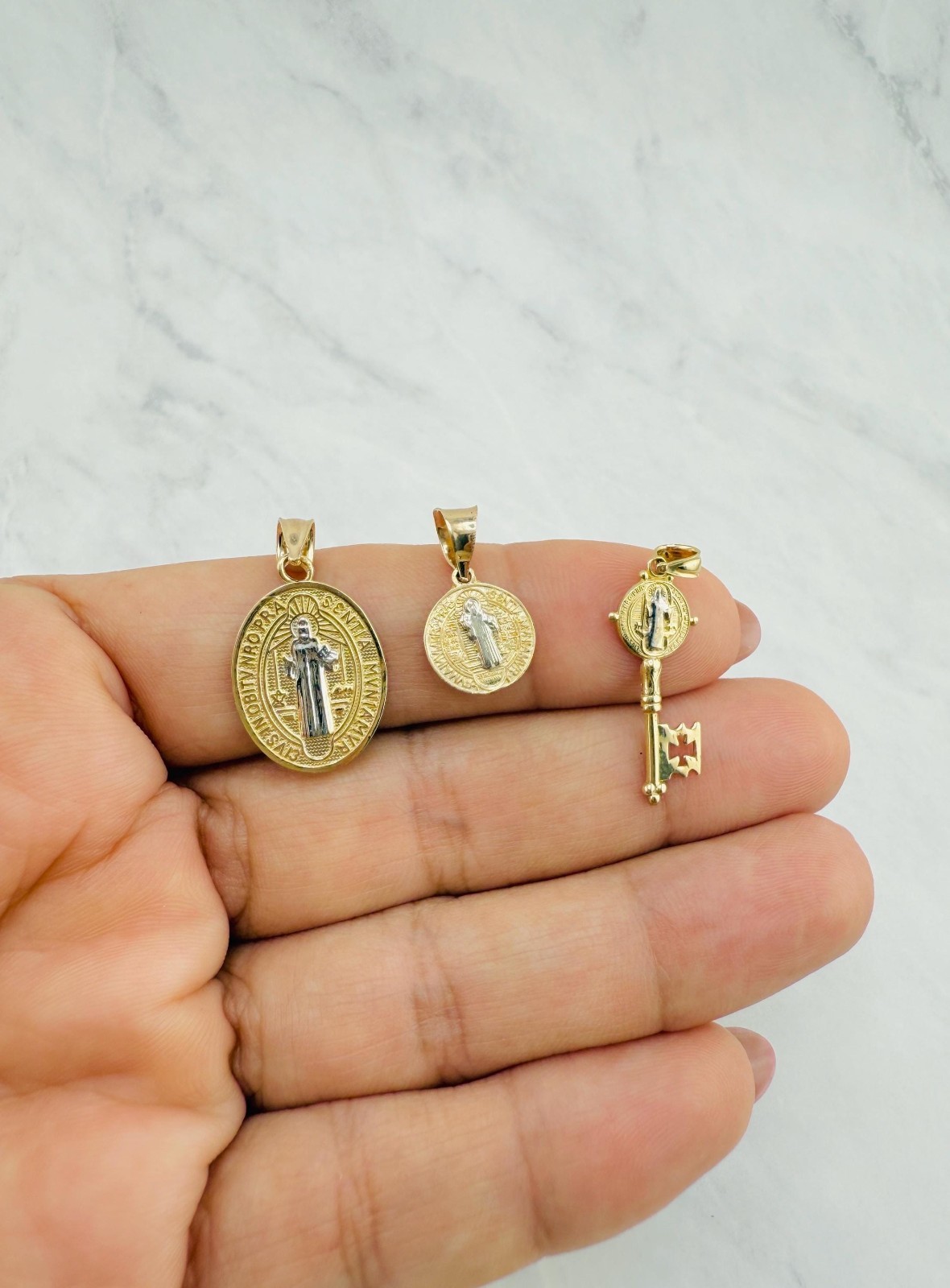 14k gold pendant st Benedict medallion key San Benito medalla llave