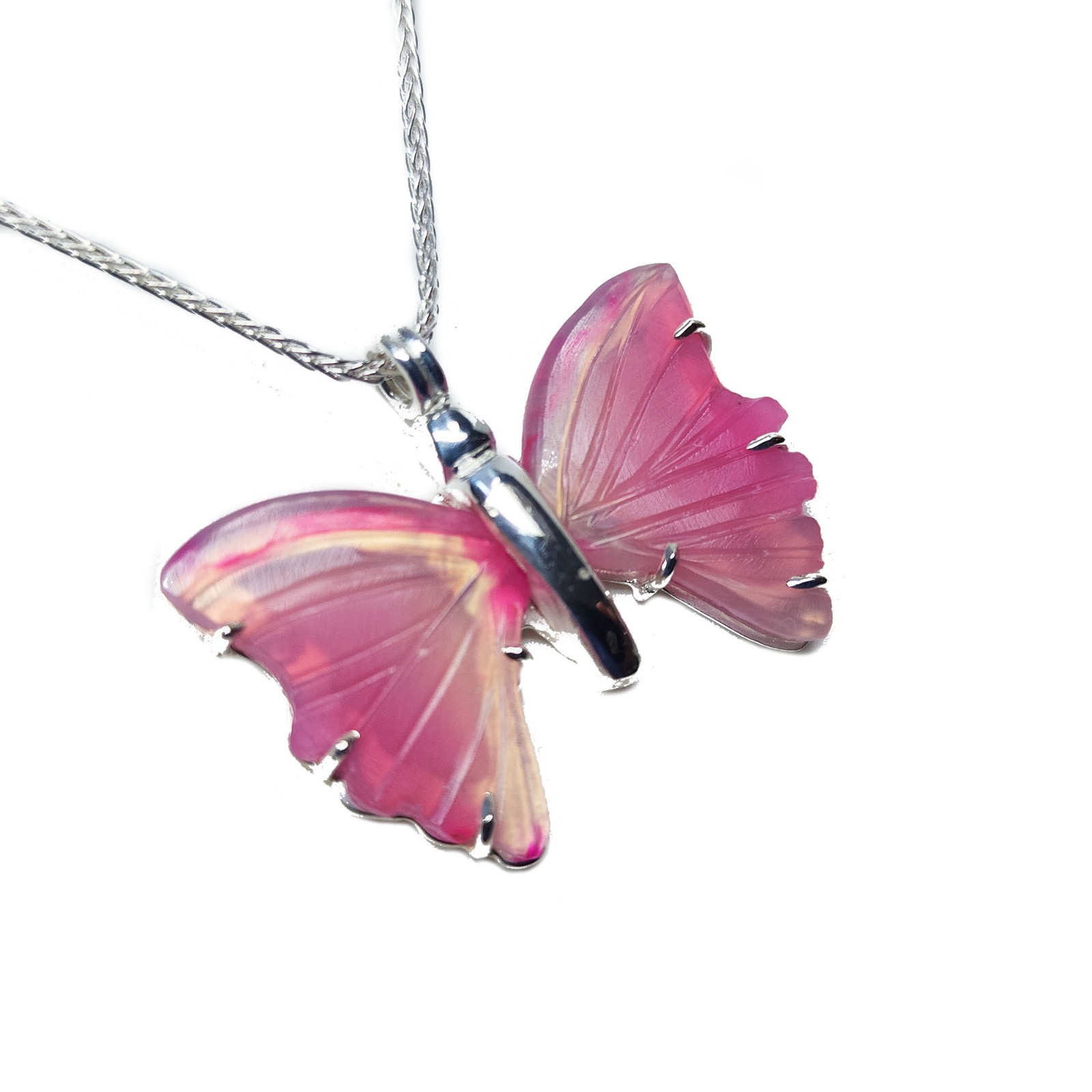Sterling Silver Butterfly Pink Agate Pendant 18″ Necklace Sweet 16 Jewelry Gift