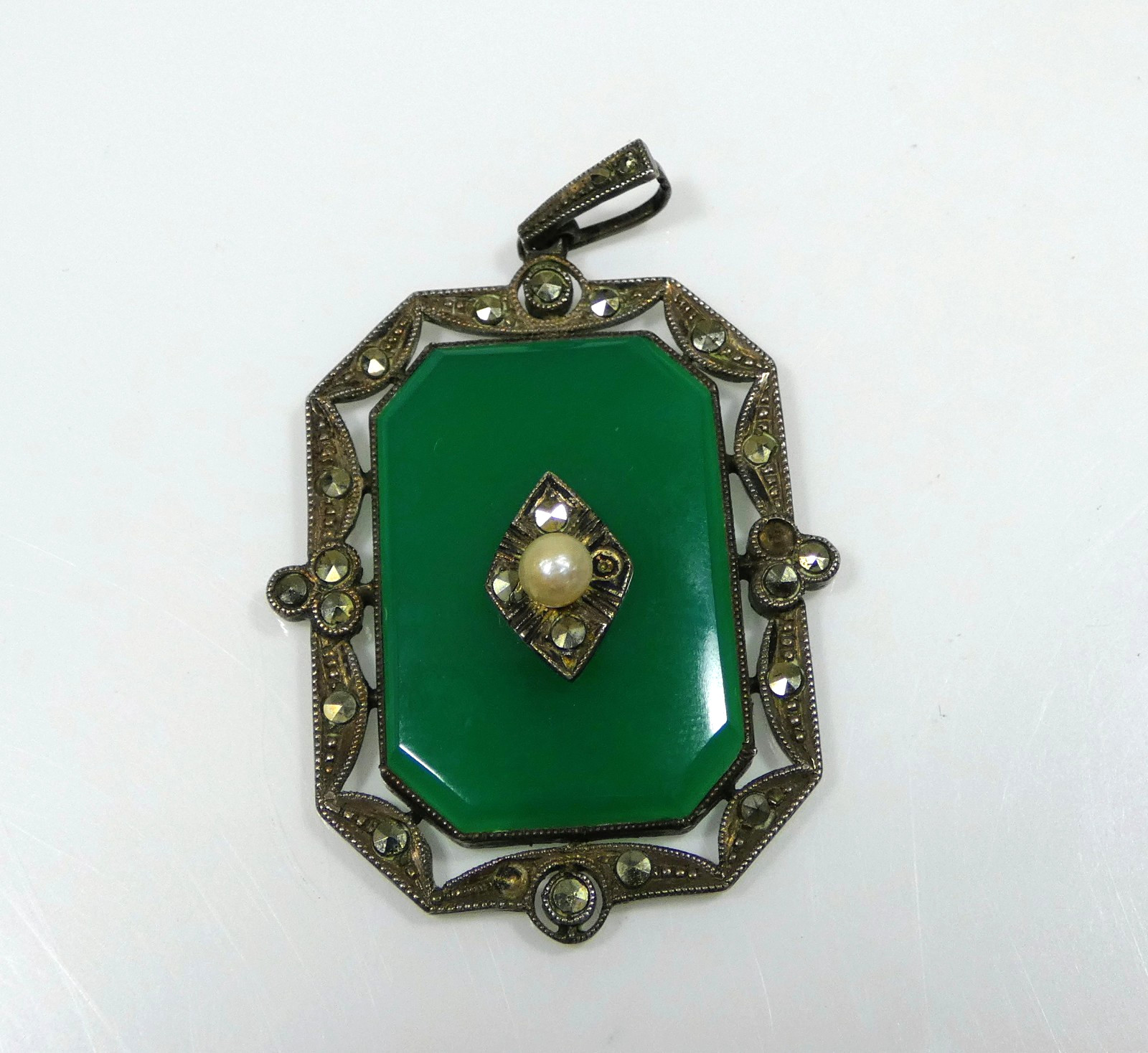 Vintage 1920’s Art Deco Green Onyx, Marcasite, and Pearl Sterling Silver Pendant
