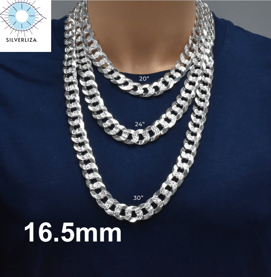 Real 925 Sterling Silver Mens Diamond Cut Curb Cuban Chain Bracelet or Necklace