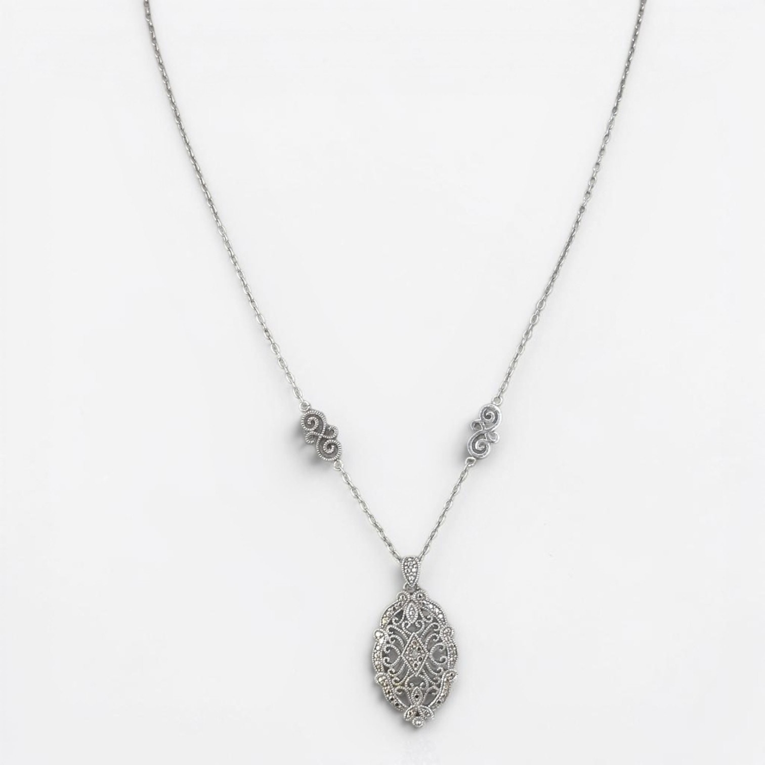Vintage 925 Sterling Silver Victorian Style Filigree Pendant Necklace Marcasite