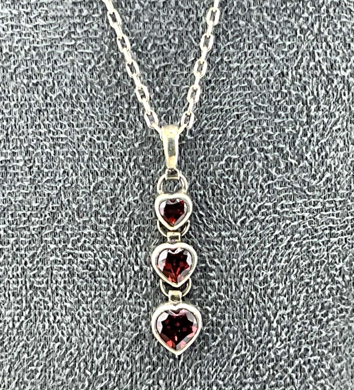 Minimalist Sterling Silver Three Heart Pendant Red Garnet with 17” Chain