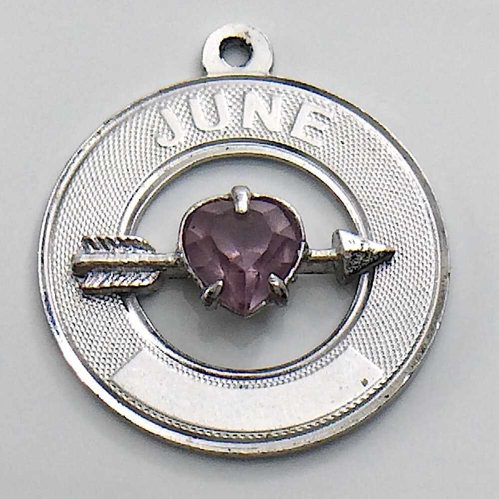 Birthday Month of June Pink Stone Arrow Silver Charm Pendant 1.7g 0.75in I957