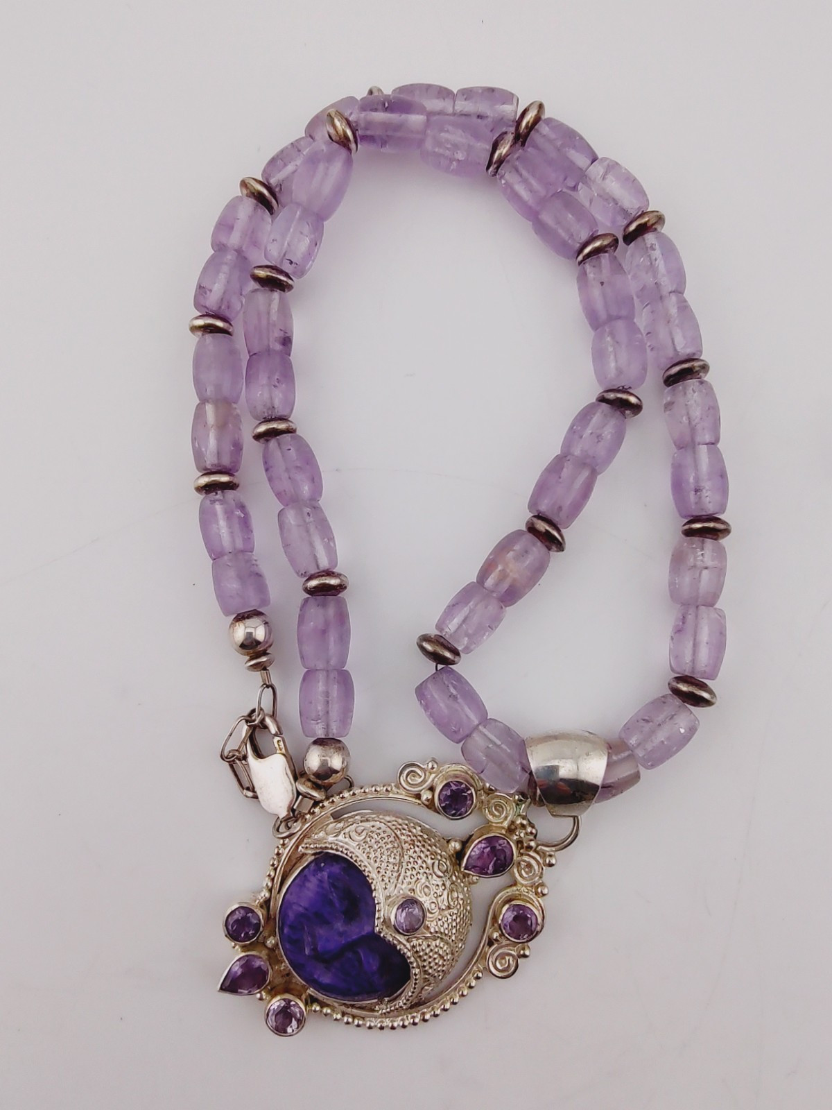 Charoite Amethyst Bead Sterl Silver Purple Goddess Gemstone Pendant Necklace 20″