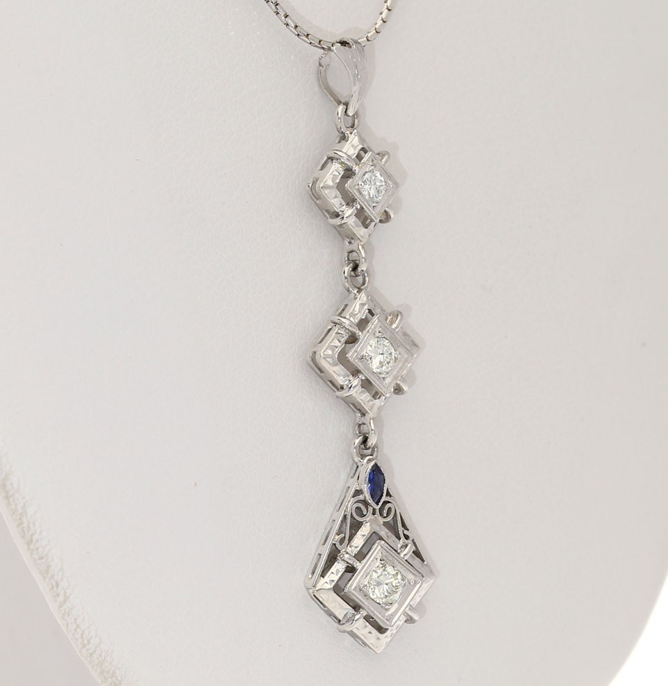Natural Diamond Sapphire 18K Lavalier Pendant Necklace .35CT 14K WG 16”Chain