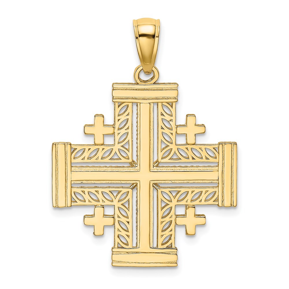 14k Yellow Gold Cut-Out Jerusalem Cross Charm Pendant L-1.17 Inch, W-0.99 Inch