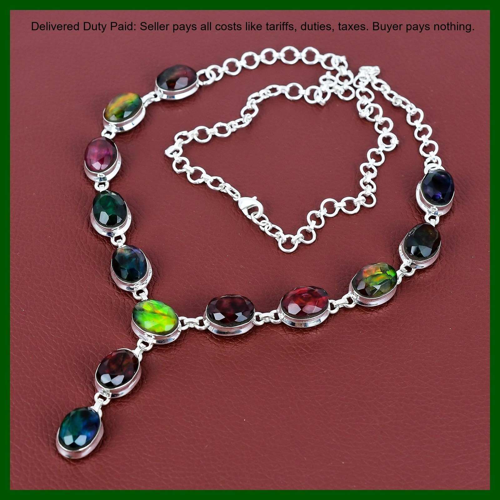Oval Natural Ammolite 925 Sterling Silver Birthday Bezel Wife New Chain Necklace