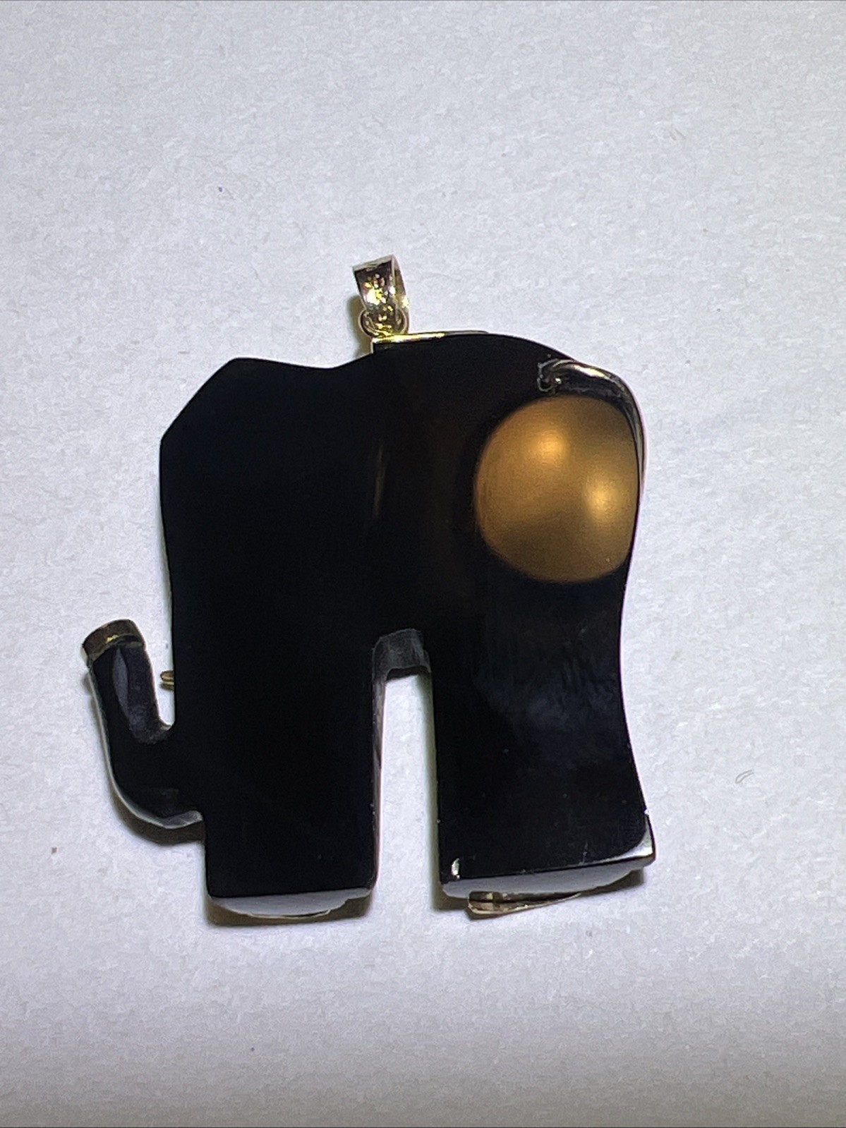 Great Extra Large Solid 14K Gold Black Onyx Elephant Pendant