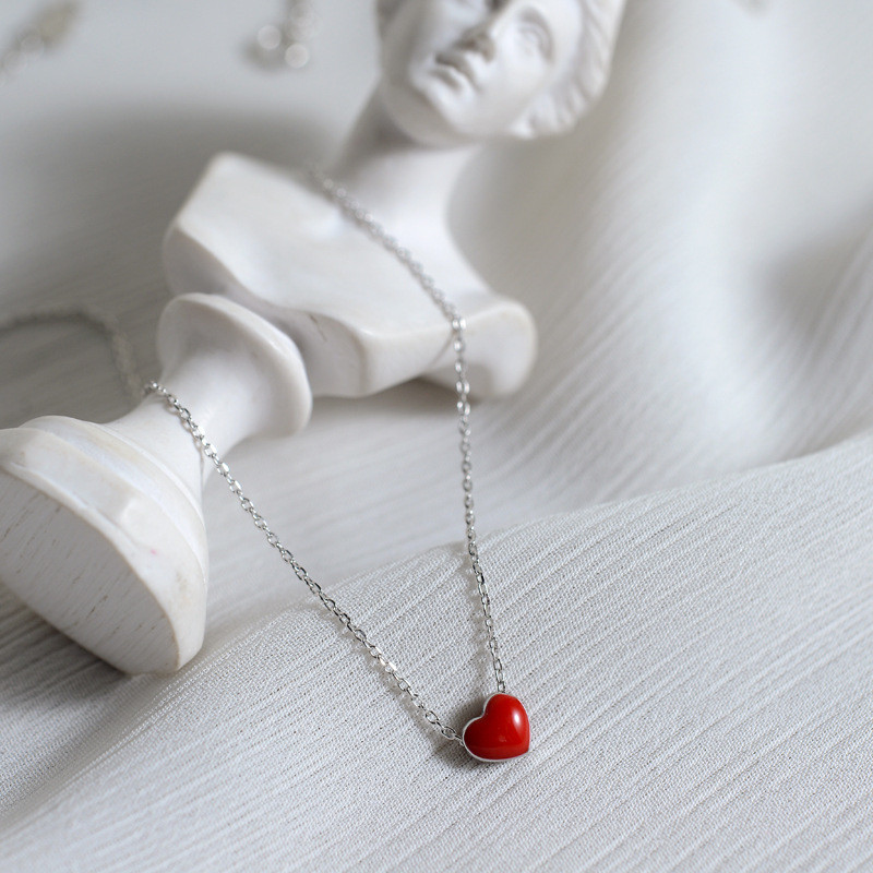 Woman Real S925 Sterling Silver Enamel Heart Cute Charm Pendant Necklace Chain