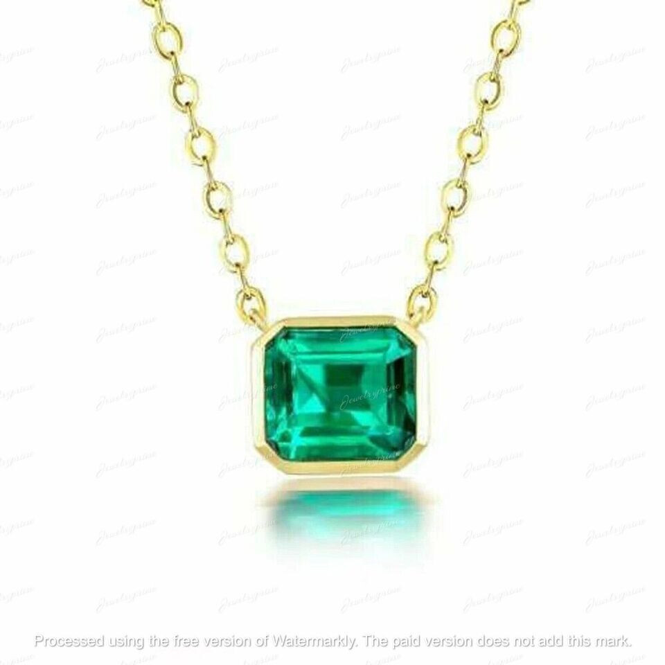 Asscher Cut 2Ct Lab Created Green Emerald Pendant Necklace 14K Yellow Gold Over