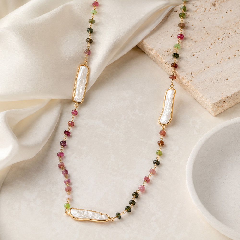 24″ 14 Karat Gold Plated Tourmaline and Cultured Freshwater Pearl Necklace