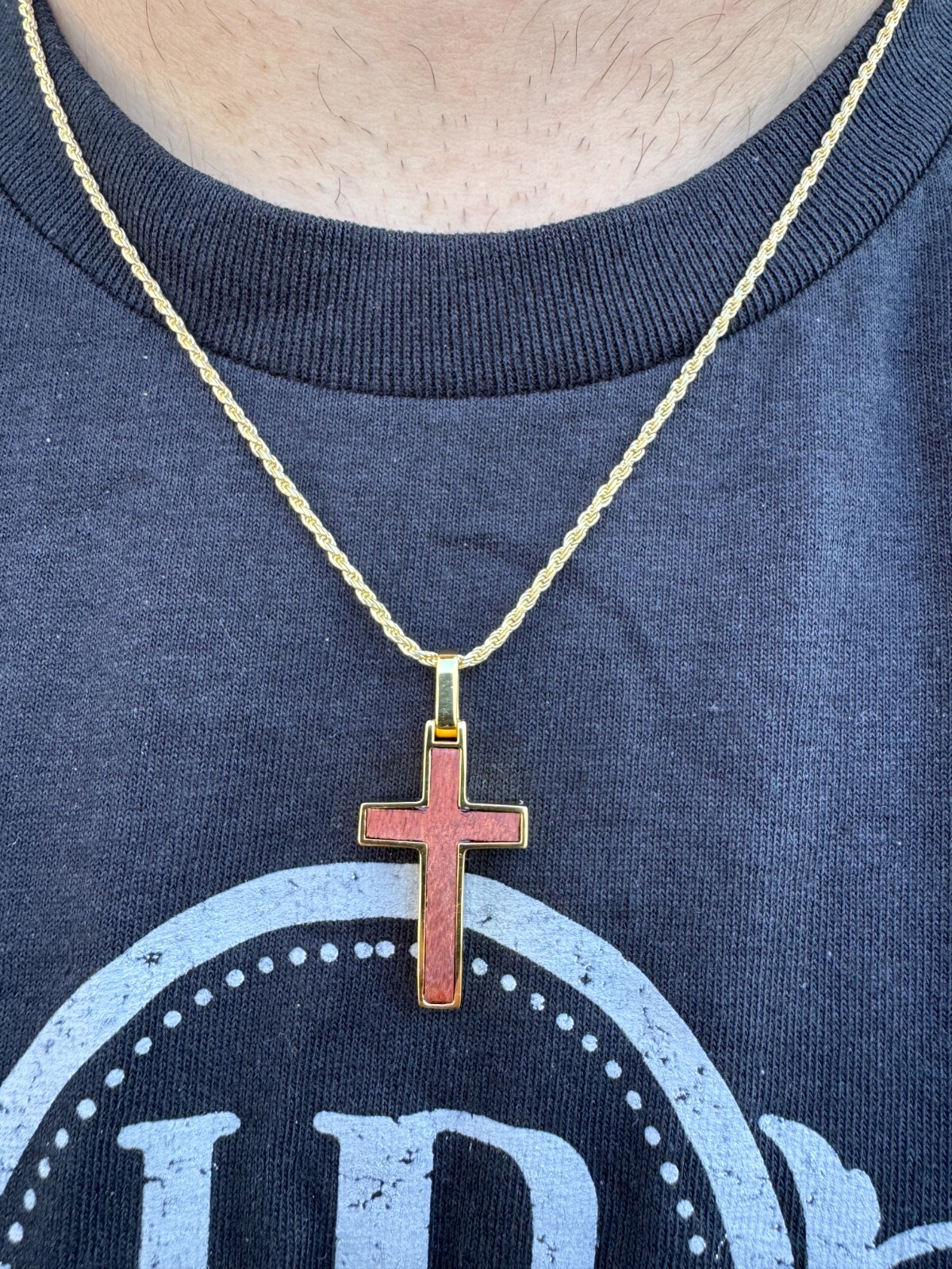 Real 925 Silver & Wood Inlay Plain Religious Cross Pendant Necklace Handmade