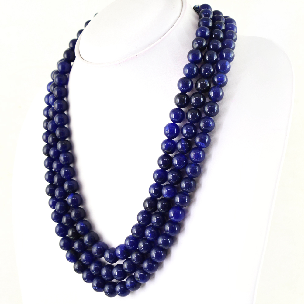 833.50 CTS EARTH MINED 3 LINE RICH BLUE SAPPHIRE ROUND SHAPE BEADS NECKLACE