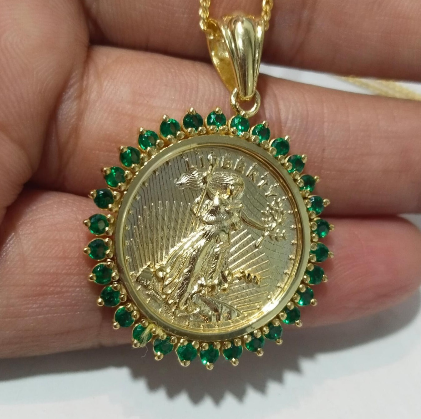 Liberty Coin Pendant 14K Yellow Gold Plated 2Ct Round Cut Lab Created Emerald