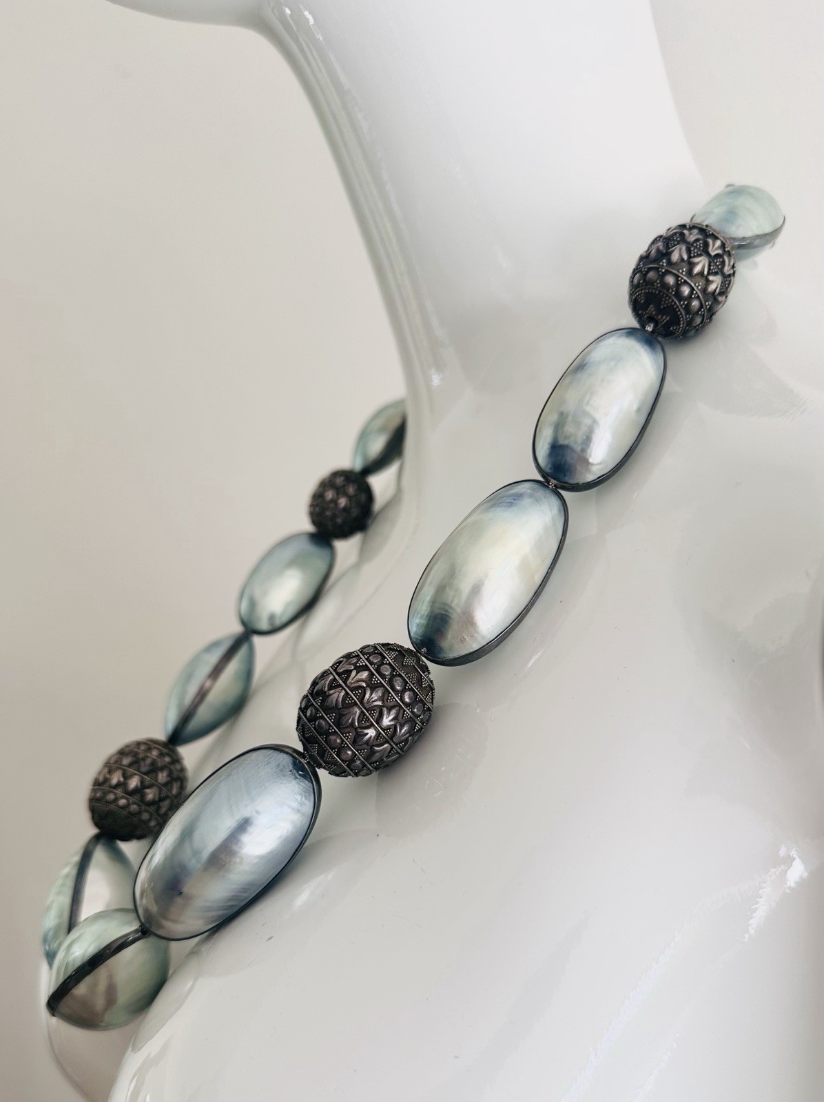 Rare Nautilus Osmena Pearl Antique 925 Silver Necklace 70cm Blue-Gray Iridescent