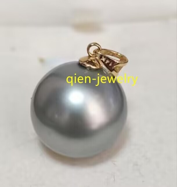 Huge AAAA16mm Perfect Round Gray Tahitian Shell Pearl Pendant 14k gold