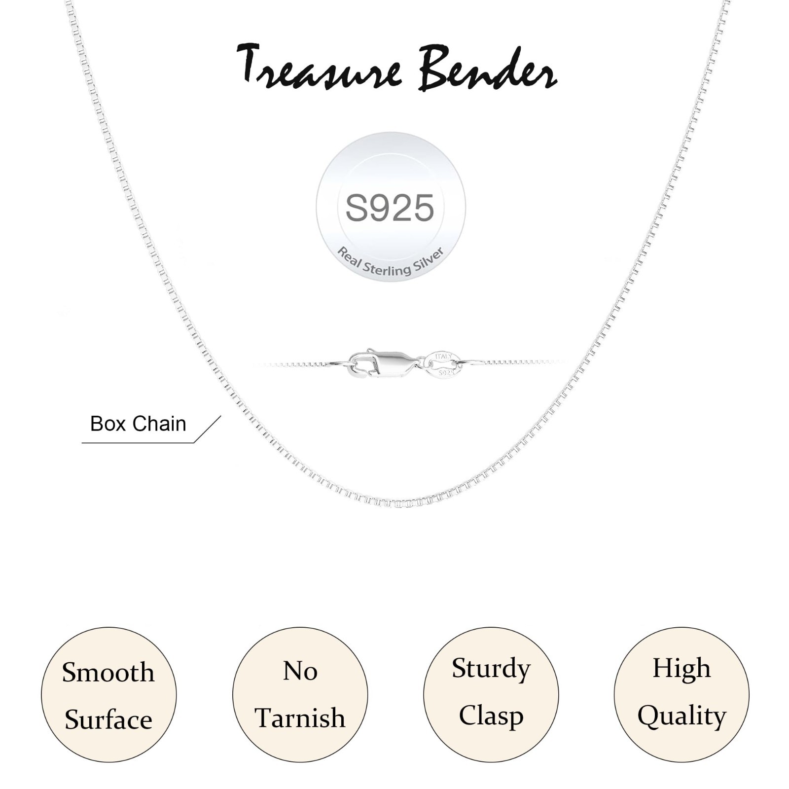 Sterling Silver Box Chain Necklace for Women – Thick 0.8mm Colourfast Jewelry 16