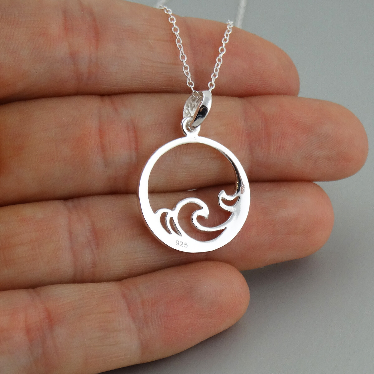 Ocean Waves in Circle Pendant Necklace 925 Sterling Silver Beach Surf Gift NEW