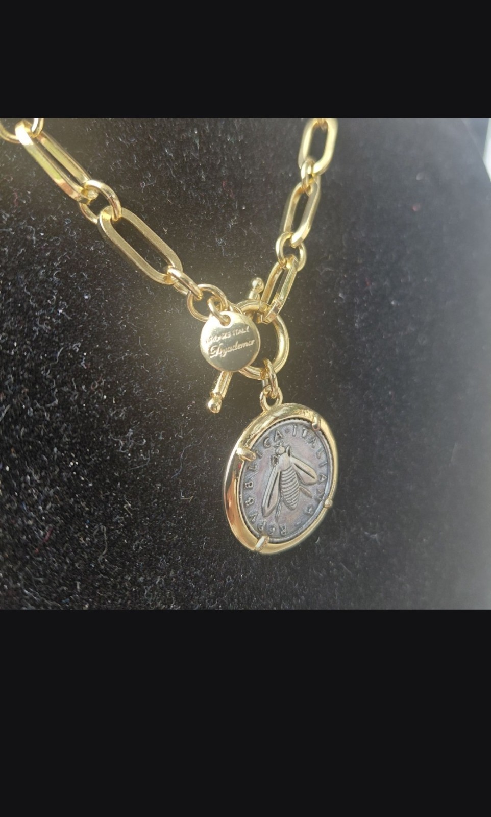 18k over Sterling Silver Bumblebee Lira Coin Necklace Dyadema BRONZE ITALY