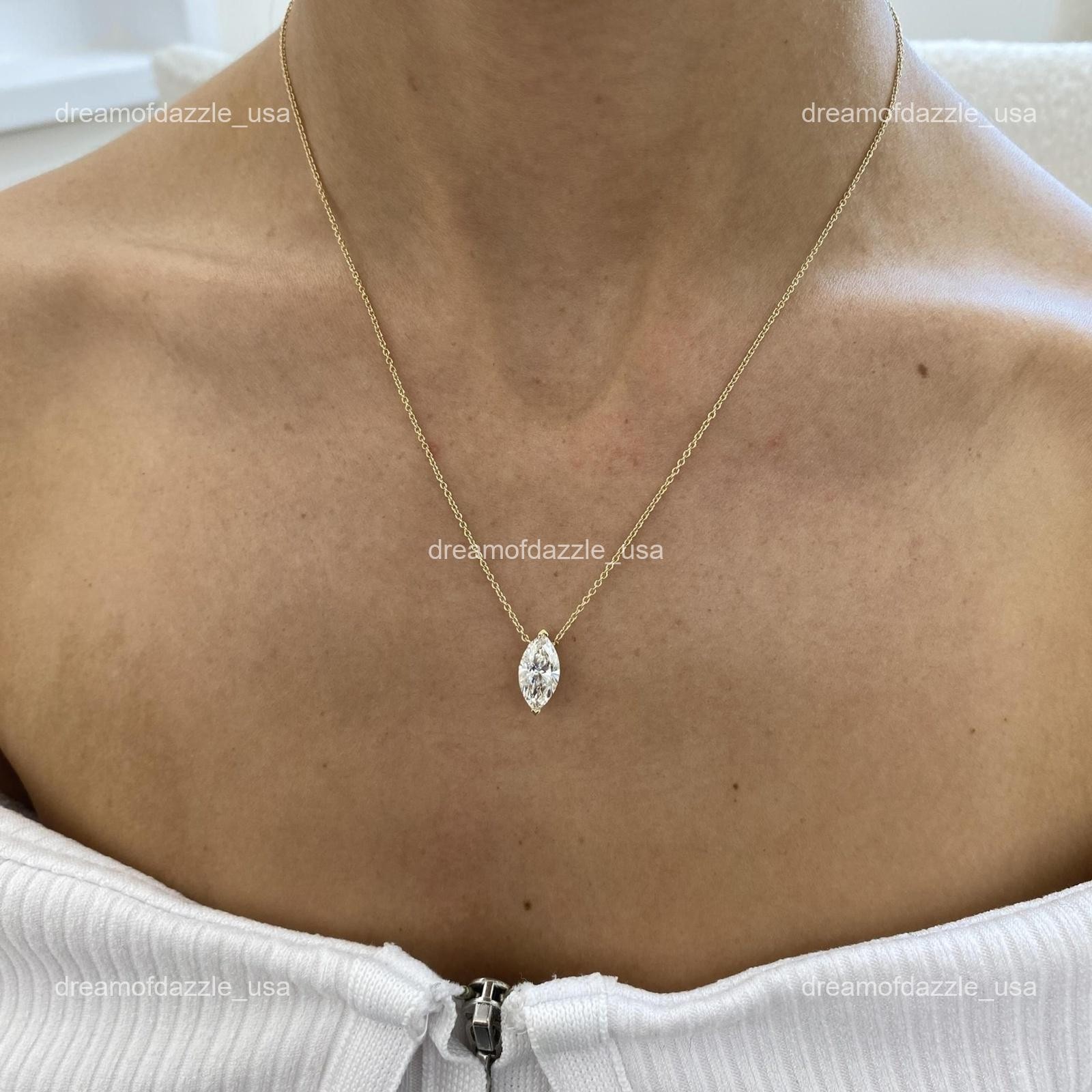 14K Solid Yellow Gold Marquise Lab Grown Diamond Birthday Chain Necklace Jewelry