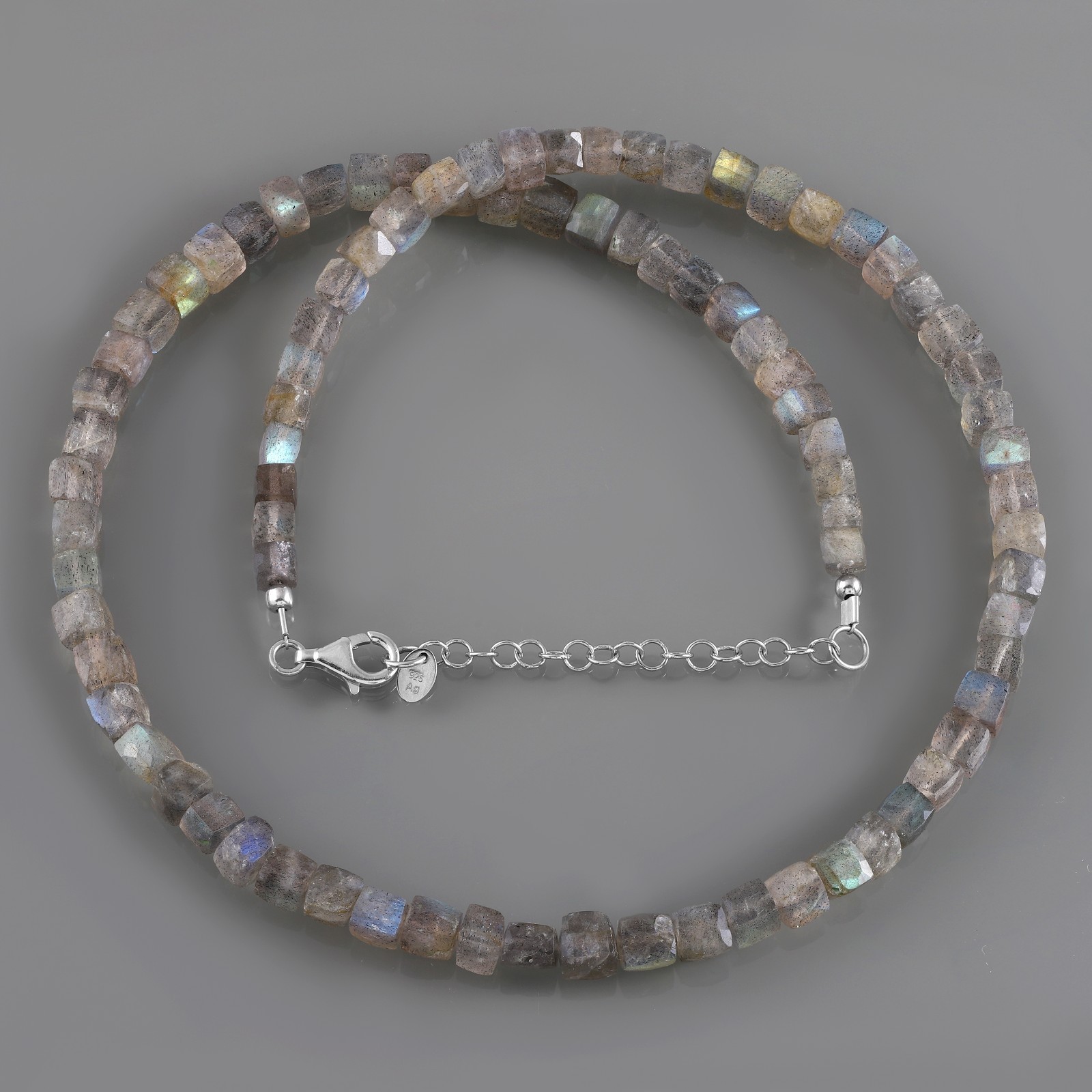Natural Labradorite Stone Beaded Necklace Faceted Box Cub 925 Silver Necklace