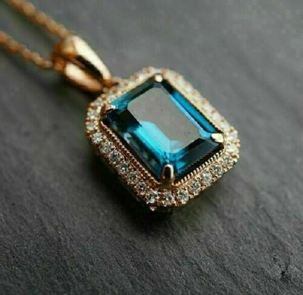 3.00Ct Emerald Cut London Blue Topaz Diamond Halo Pendant 14K Yellow Gold Finish