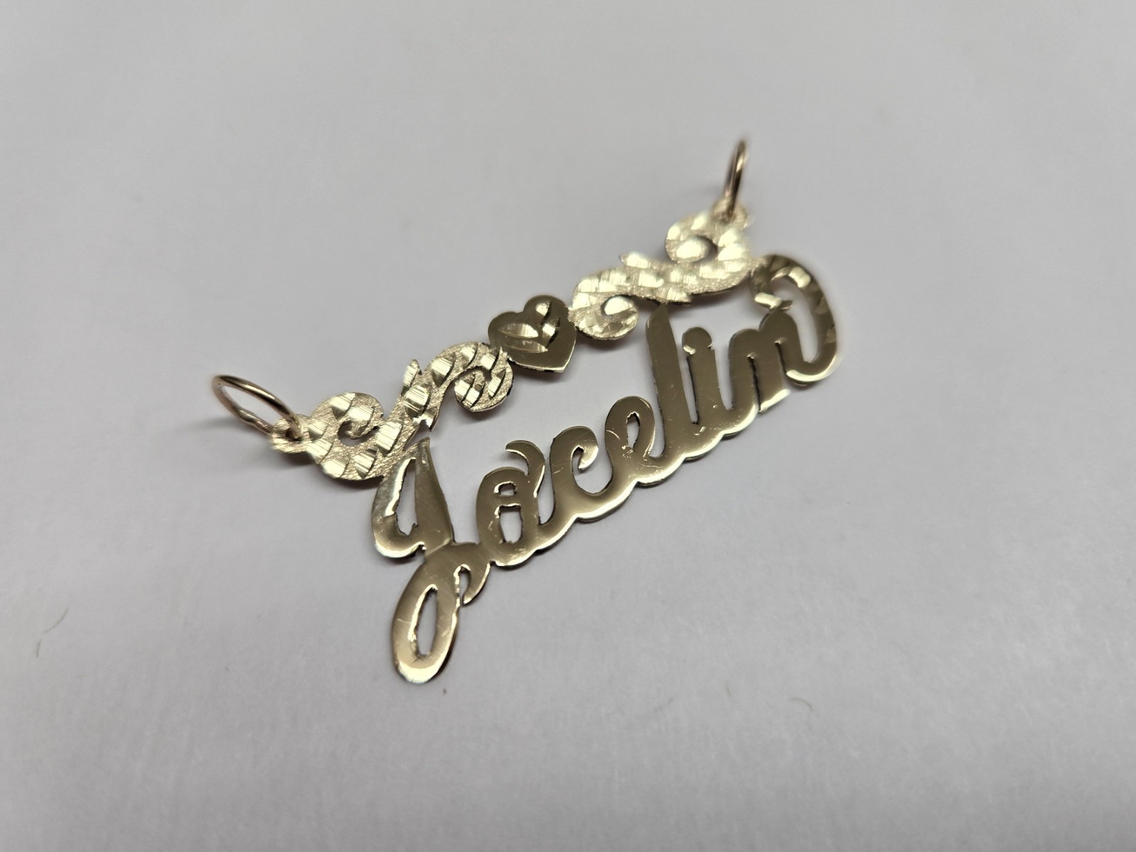 10K Solid Yellow Gold Personalized Cursive Name Pendant w/ Heart & Swirls D/C