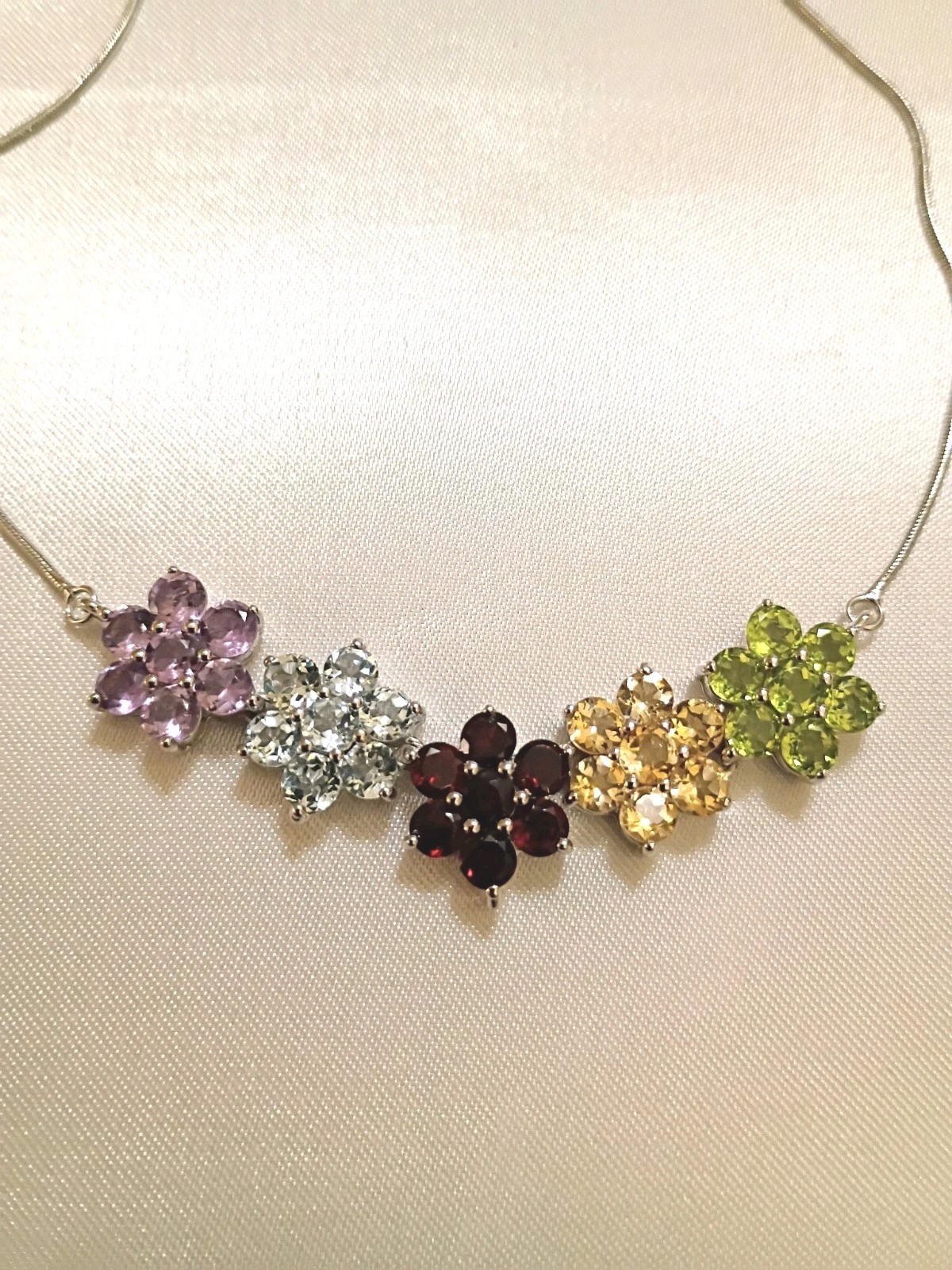 Silver Genuine Gemstone 5 Multicolor Flower Clusters 18″ Snake Chain Necklace