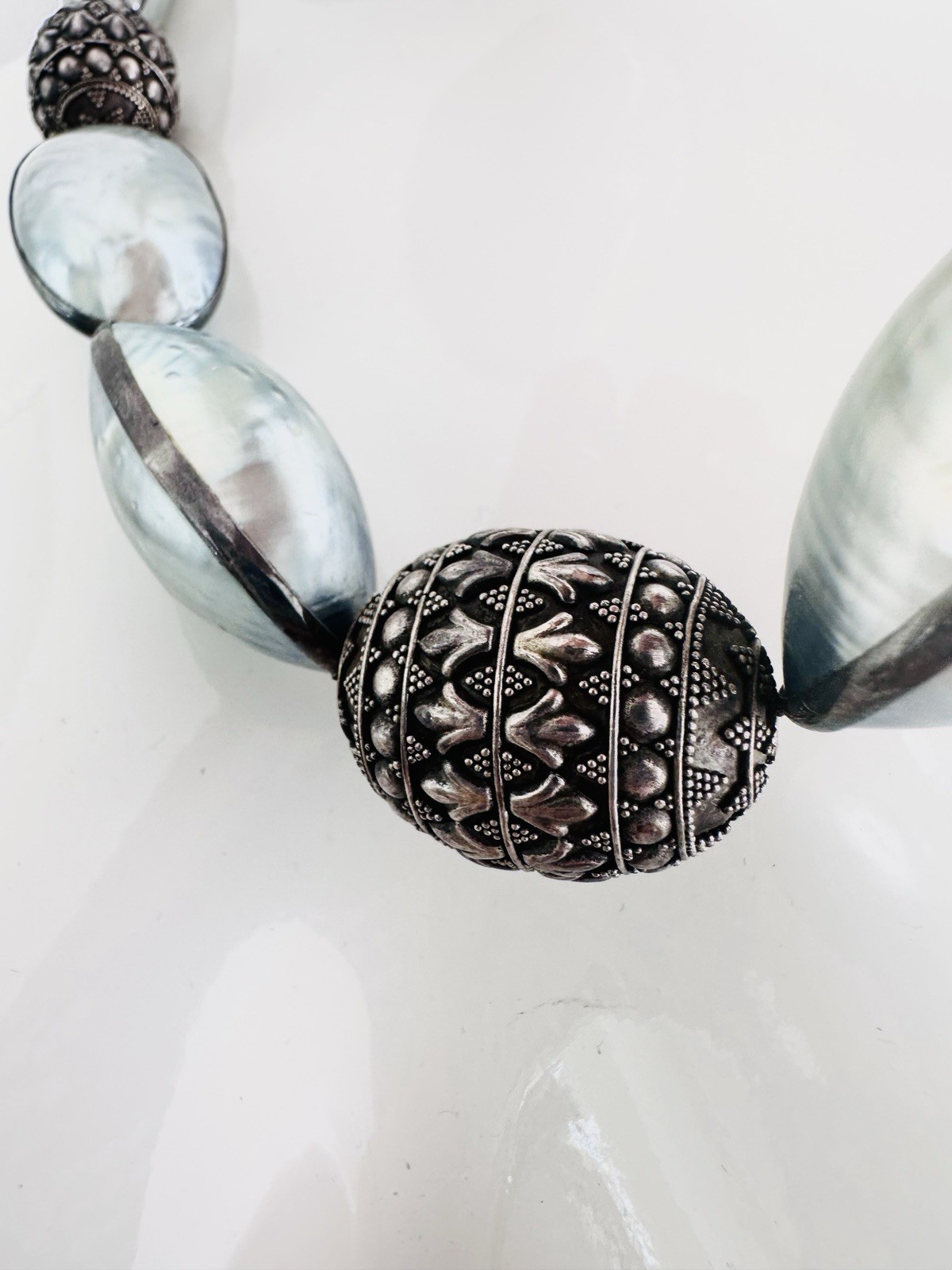Rare Nautilus Osmena Pearl Antique 925 Silver Necklace 70cm Blue-Gray Iridescent