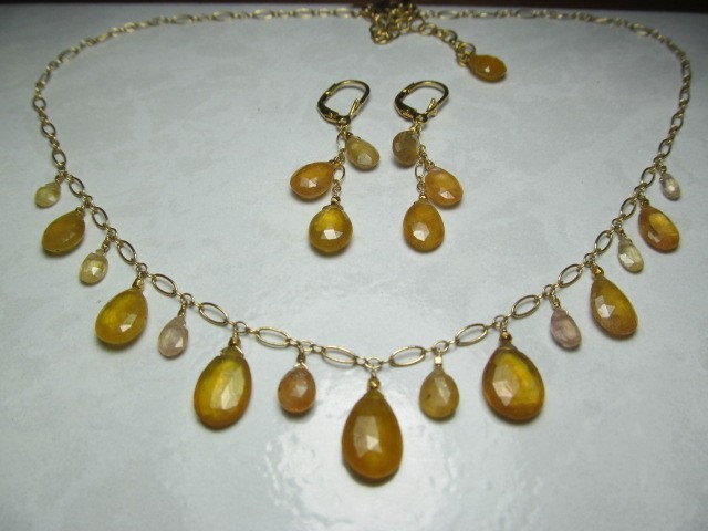 Sri Lanka Golden SAPPHIRE faceted briolette beads 14k Gold Filled Necklace set
