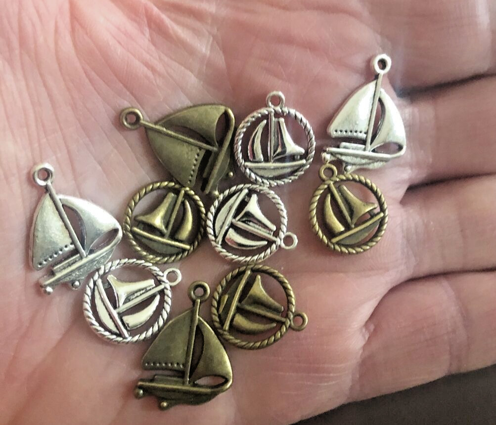 Sailboat Pendants/Charms Metal 1.2″ New 10 pieces Silver & Bronze