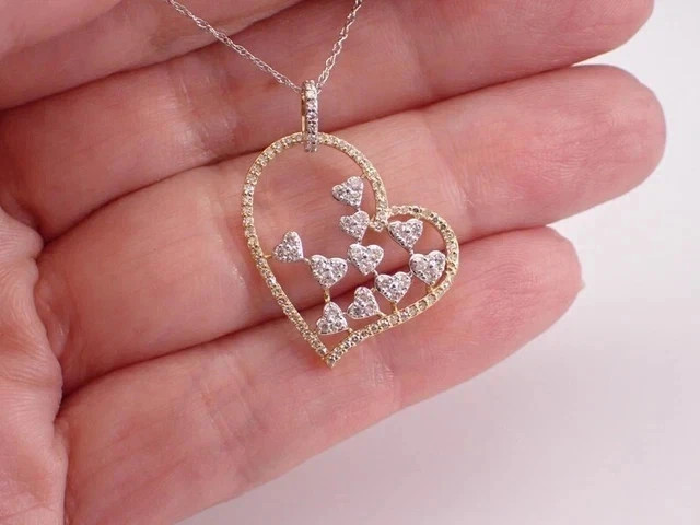 Real Moissanite 1.20Ct Round Cut Heart Pendant 14K Yellow Gold Plated Free Chain