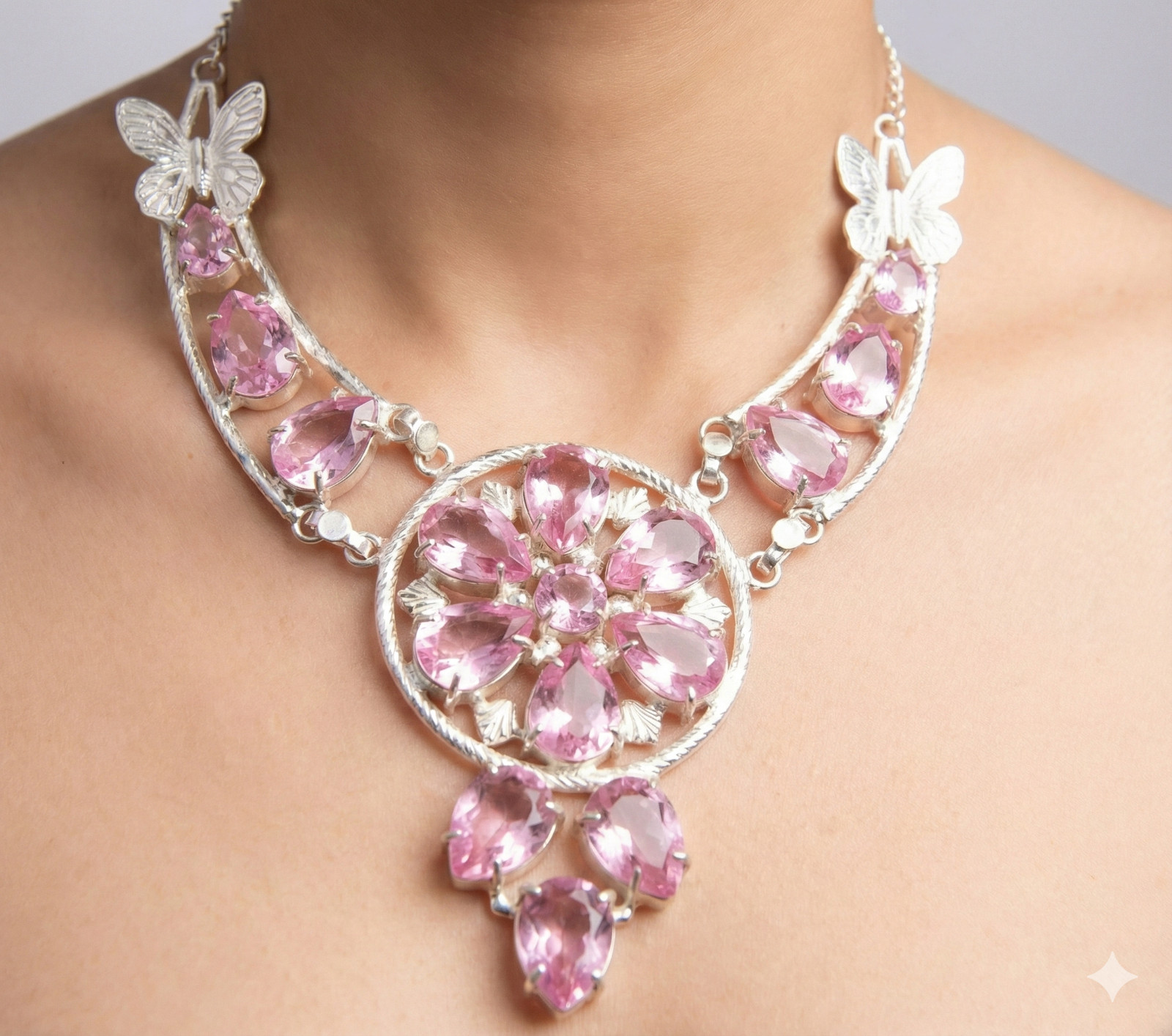Pink Kunzite Gemstone Handmade 925 Sterling Silver Jewelry Necklace Size-18