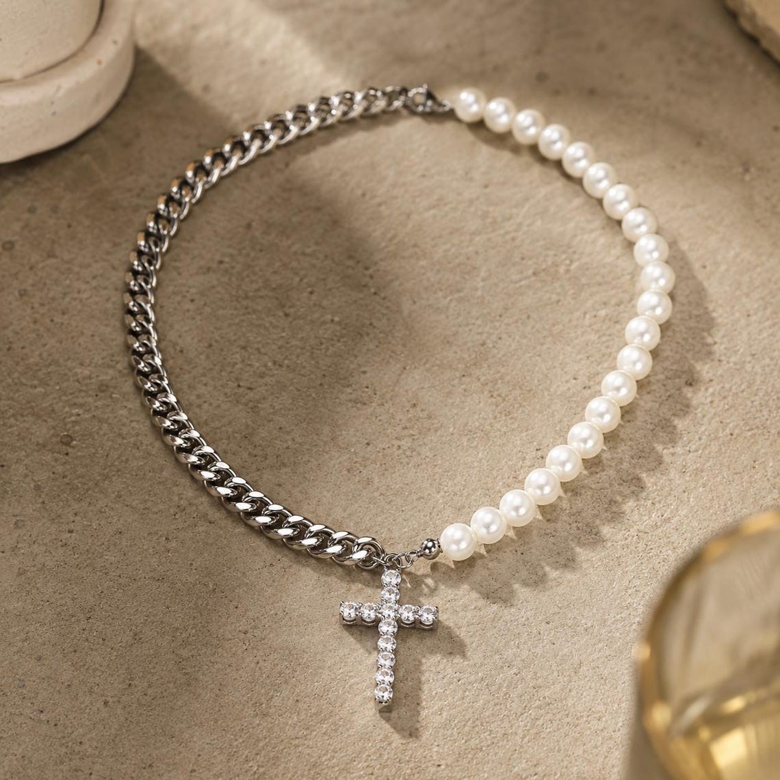 Pearl Cross Necklace for Men Women 925 Sterling Silver Cuban Link Chain Beaded